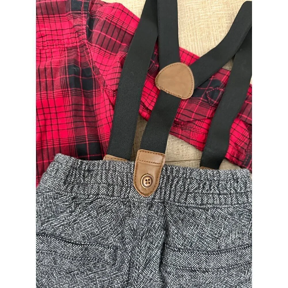 Gymboree Red Plaid Shirt & Grey Pants With Suspenders Set 18-24 Months